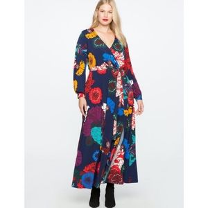 Eloquii - Printed Kimono Maxi Dress Navy Blue Floral Print Long Sleeve